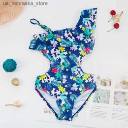 One-Pieces Cute girl swimsuit one piece pleated swimsuit bikini swimsuit green floral childrens swimsuit 2023 new beach suit Q240418