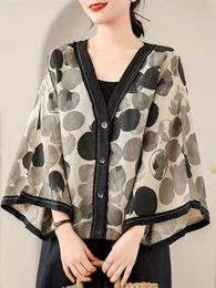 Women's Jackets Loose And Casual Polka Dot Flared Sleeve Cotton Linen Shirt Women Short Jacket Fashion V-Neck Button Splicing Oversized Top