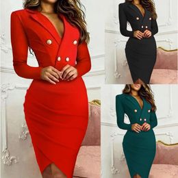 Women's Sexy Bodycon Elegant Party Women Dress Slim V Neck Long Sleeve Mid Calf Pencil Office Lady Solid Red Robe