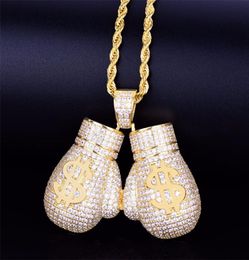 Dollor Symbol Boxing Gloves Pendant Necklace With Rope Chain A Cubic Zircon Men039s Women Hip hop Rock Jewelry7764551