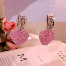 Dangle Earrings Cute Sweet Pink Love Heart Stud For Women Luxury Shiny Crystal Zircon Earring Korean Fashion Party Jewelry Gifts