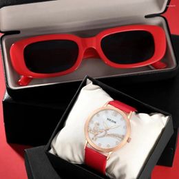 Wristwatches Women Set Fashion Red Colour Watch Glasses Leather Belt Watches Ladies Flowers Dial Quartz Dress Clock Montre Femme