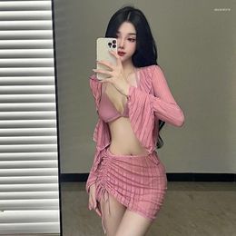 Women's Swimwear High Waisted Bathing Suits Swimsuit Outdoor Swim Wear Women Bikini Set 2024 Korean Outfits Pink Split Body Four Piece Long