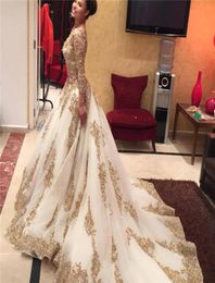 V neck Long Sleeve Arabic Evening Dresses Gold Appliques embellished with Bling Sequins Prom Dresses Formal Party Gowns6447915