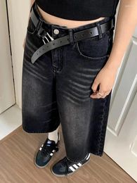 Women's Jeans Fashion High Waisted Dark Wash Knee Length Denim Shorts Wide Leg Baggy Pants Women Black Y2k Style Female Casual