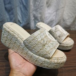 Designers sandals Women Tweed Slippers Embroidered Leather LOGO Wedges Slides Slip On High heels Flats Mule Crystal Buckle C Interlocking Brand Slider Shoes CNEL