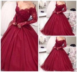 Off Shoulder Long Sleeve Prom Dress 2017 Lace Beadings Zipper Red Tutu Party Dress Women Cheap Sweep Train Evening Dress9863798