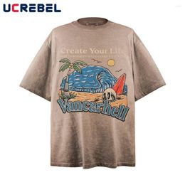 Men's T Shirts Coconut Tree Print Short Sleeve T-shirt Mens Vintage High Street Summer Crew Neck Half-Sleeve Cotton Tee Men Tshirt