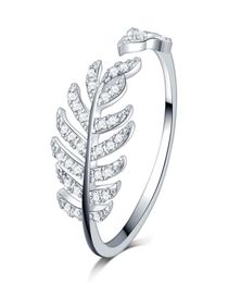 Real Silver Womens Diamond Ring with leaf feather Fit Style Charm 925 Sterling Silver Ring Valentine's Day Gift8277779