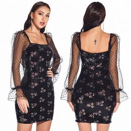 Women Vestidos De Renda Ladies Dress Sequin Mini Short Dress Sexy See Through Runway Sheath Dress Robe Sexy Party Dresses