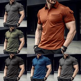 Mens Chest Arm Pocket POLO Shirt Summer Solid Color Shortsleeved Top Tshirt Shads Slim Business Clothing 240403