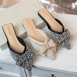 Slippers Woman 2cm High Heels Bowknot Slides Female Crystal Sparkly Wedding Lady Low Outside Diamond Pearl Party Shoes