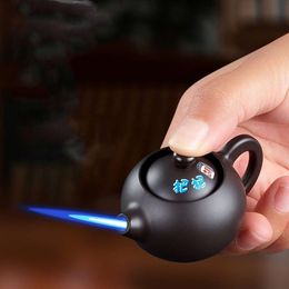 Hot Novelty Appearance of Teapot Without Gas Lighter Windproof Straight Rush Blue Flame Cigar Turbo Torch Small Portable Ornament