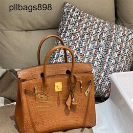 Brkns Handbag Genuine Leather 7A Handswen Golden Brown Mist Faced Crocodile Skin Gold Button Luxury 302PBM