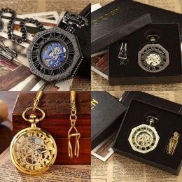 Classic Watches Hexagonal Mechanical FOB Chain Steampunk Roman Dial Skeleton Golden Hollow Steel Mens Pocket Watch 231207