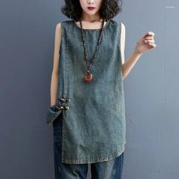 Women's Tanks Women Casual Denim Tank Tops Arrival 2024 Summer Vintage Style O-neck Solid Colour Loose Female Sleeveless Vests B3634