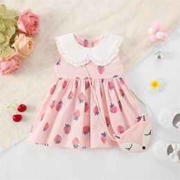 Girl Dresses Summer Red Strawberry Baby Dress White Doll Neck Children's Sleeveless Clothes Bag (0-3 Years Old)