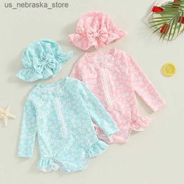 One-Pieces Preschool girl Rush protective swimsuit jumpsuit long sleeved floral printed baby pleated swimsuit 2-piece swimsuit with swim cap Q240418