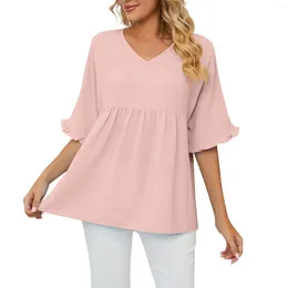 Women's T Shirts Ladies Casual Fashion Sexy Solid Color V-Neck Loose Gathered Mid-Sleeve Top Fashionable And Simple Women 'S Clothing