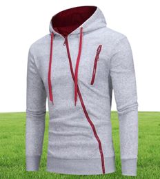 Hooded Casual Sweatershirt Men Diagonal Zipper Hit Color Cotton Blend Long Sleeve Hoodie Pocket Tops Jacket Coat Outwear1217176