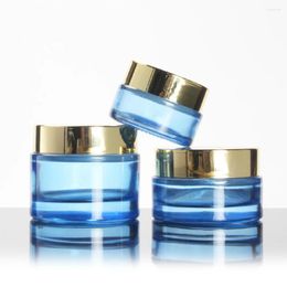 Storage Bottles Round Blue Empty Glass Jar Cosmetic 50g With Gold/Silver Cap