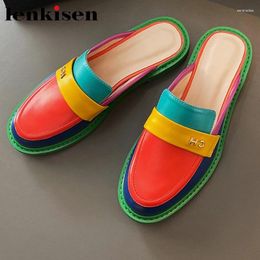 Slippers Lenkisen Large Size Cow Leather Round Toe Low Heel Fashion Rainbow Mules Slip On Slingback Summer Brand Women Outside