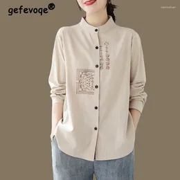 Women's Blouses Womens Clothing Vintage Chinese Style Embroidered Button Up Shirt Simple Stand Collar Loose Blouse Casual Long Sleeve Tunic