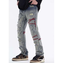 New Style Distressed Vintage Jeans with Patches for Men's Patches, Youth Trend Slim Fit, Small Feet, Thickened Straight Leg Pants