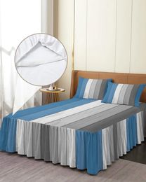 Bed Skirt Retro Blue Grey Gradient Wood Grain Elastic Fitted Bedspread With Pillowcases Mattress Cover Bedding Set Sheet