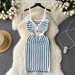 Basic Casual Dresses Elastic Fashion Trend Casual Knitting Wrap Dress Sleeveless Off Shoulder V Neck Hollow Out Summer Women Stripe Sexy Slim Dress