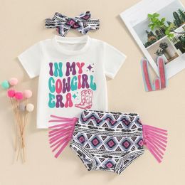 Clothing Sets Born Baby Girl Summer Set Letter Print Short Sleeve T-Shirt With Geometric Pattern Tassel Shorts And Bow Headband