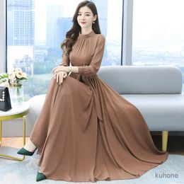 Basic Casual Dresses Spring Autumn Maxi Dresses Fashion Female Vintage Full Sleeve Solid A-line Casual Chiffon Dress Women Long Dresses Muslim Dress