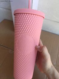 water bottle 2021 Starbucks Studded Cup Tumbrs 710ml Matte Pink Plastic Mugs with Straw Factory Supply191s