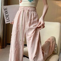 Women's Pants Ripped High Waist Loose Casual For Women With Drawstring Wide-leg Design Chic Diamonds Pink Korean Fashion Trousers