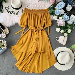 Casual Dresses Autumn/winter Waist Strap Chiffon Short Front And Long Back Irregular Flounces Dress