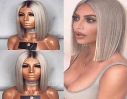 selling silk base Short Bob Wig Ombre Wig with dark roots grey Straight Synthetic lace front Wigs for Women Heat Resistant7101032