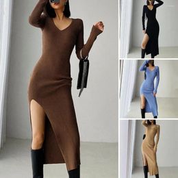 Casual Dresses Winter Autumn Women Dress Knitted Great Elasticity Long Sleeve Side Split Hem Slim Fit Skinny Sheath Lady Maxi