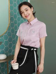 Women's Blouses Pink Embroidered Flower Shirt Summer Short Sleeve Turn-down Collar Simple Ladies Blouse Single Breasted Tops Fashion