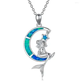 Pendant Necklaces Boho Fashion Mermaid Star Moon Blue Imitation Opal Silver Color Chain Necklace For Women's Wedding Party Jewelry Gifts