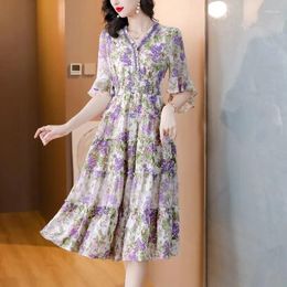 Casual Dresses Summer Dress Women's Print Chiffon Long Bohemian Slim Beach V-Neck Middle Sleeve Female Party Vestidos