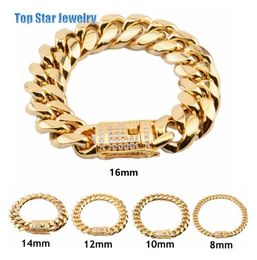 8mm10mm12mm14mm16mm18mm Stainless Steel Bracelets 18K Gold Plated High Polished Miami Cuban Link Men Punk Chain Cubic Zirconi7647141