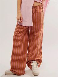 Women's Pants Women Baggy Long Drawstring Waist Striped Trousers With Pockets Summer Fall Fashion Wide Leg Straight Pant 2024
