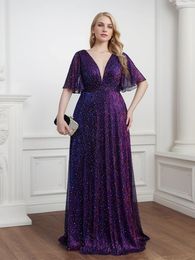 Casual Dresses Wedding Bridesmaid Dress For Female Fashion Plunging Neck Butterfly Sleeve Glitter Party Large Size Lady 2024