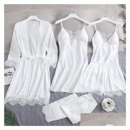 Women'S Sleepwear Womens Y Fl Slip Lace White Silk Pajamas Set Women Chemise Bride Wedding Robe Nightgown Kimono Bathrobe Lingerie Dr Dhmg7