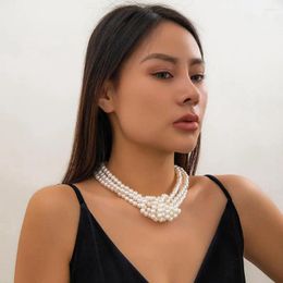 Chains Layered Faux Pearl Necklace Elegant Multi-layered Choker For Women Adjustable Length Stainless Alloy Neck