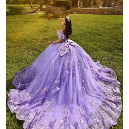 Lavender Quinceanera Dresses With Bow Applique Vestidos De 15 Anos Tulle Lace Beading Mexican Girls Birthday Gowns 0418
