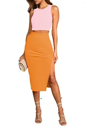 Casual Dresses Women's 2 Piece Plus Size Dress Crew Neck Sleeveless Ribbed Tank Top Bodycon Slit Midi Skirt Outfit Set Office Ladies