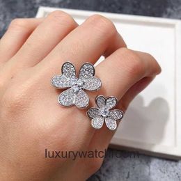 High End Jewellery rings for vancleff womens New Double Flower Full Diamond Clover Ring for Women Six petal Flower Open Hand Decoration with Try and Design Ring Original