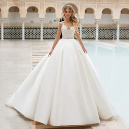 Modern White Satin Ball Gown Wedding Dresses Lace Bridal Gowns Puffy Princess Sexy Backless Women Bride Robes de Mariee YD