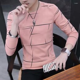 Men's T Shirts 2024 Shirt Men Spring Long Sleeve T-Shirt Stripe Tshirt Male O-Neck Casual Pink White Black Tops Tees